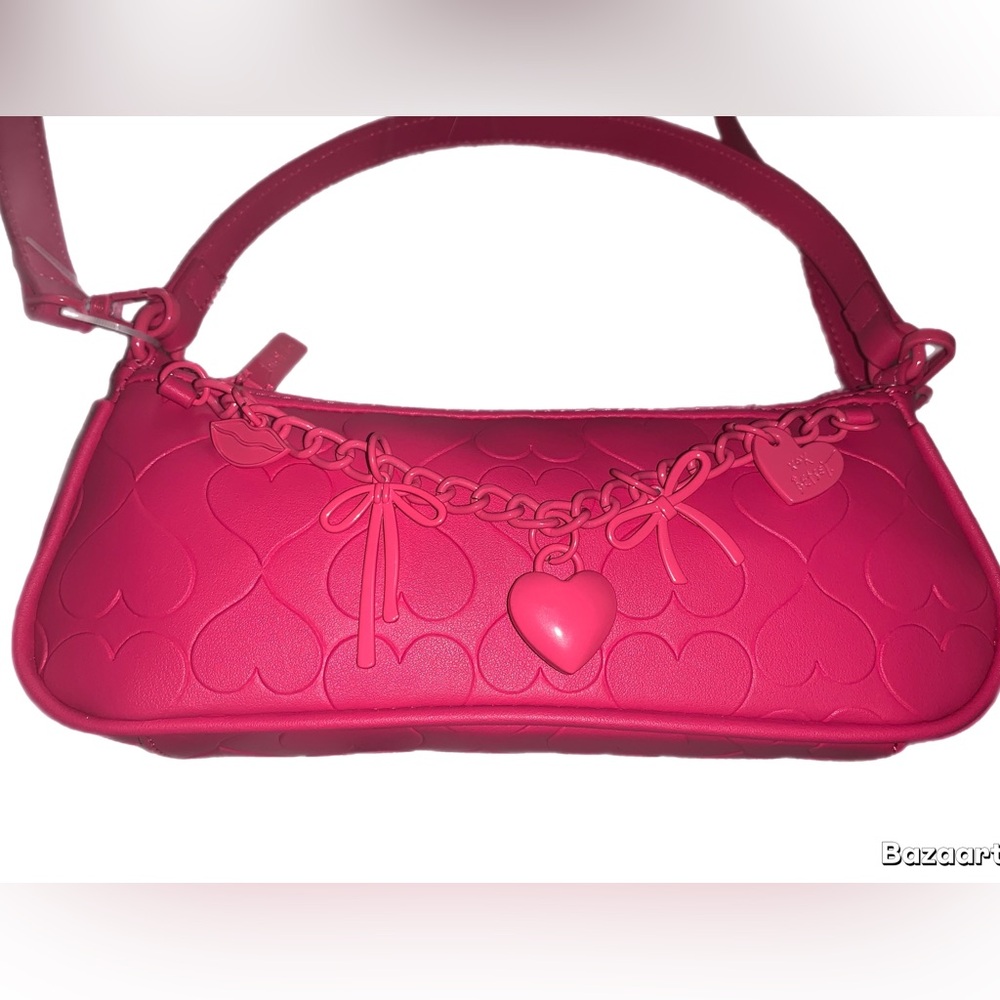 Betsey Johnson Fuchsia Hot Pink Heart-Embellished Bow Charm Bag